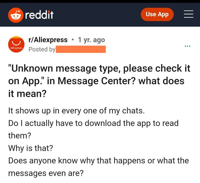 "Unknown message type, please check it on App" что значит на AliExpress?